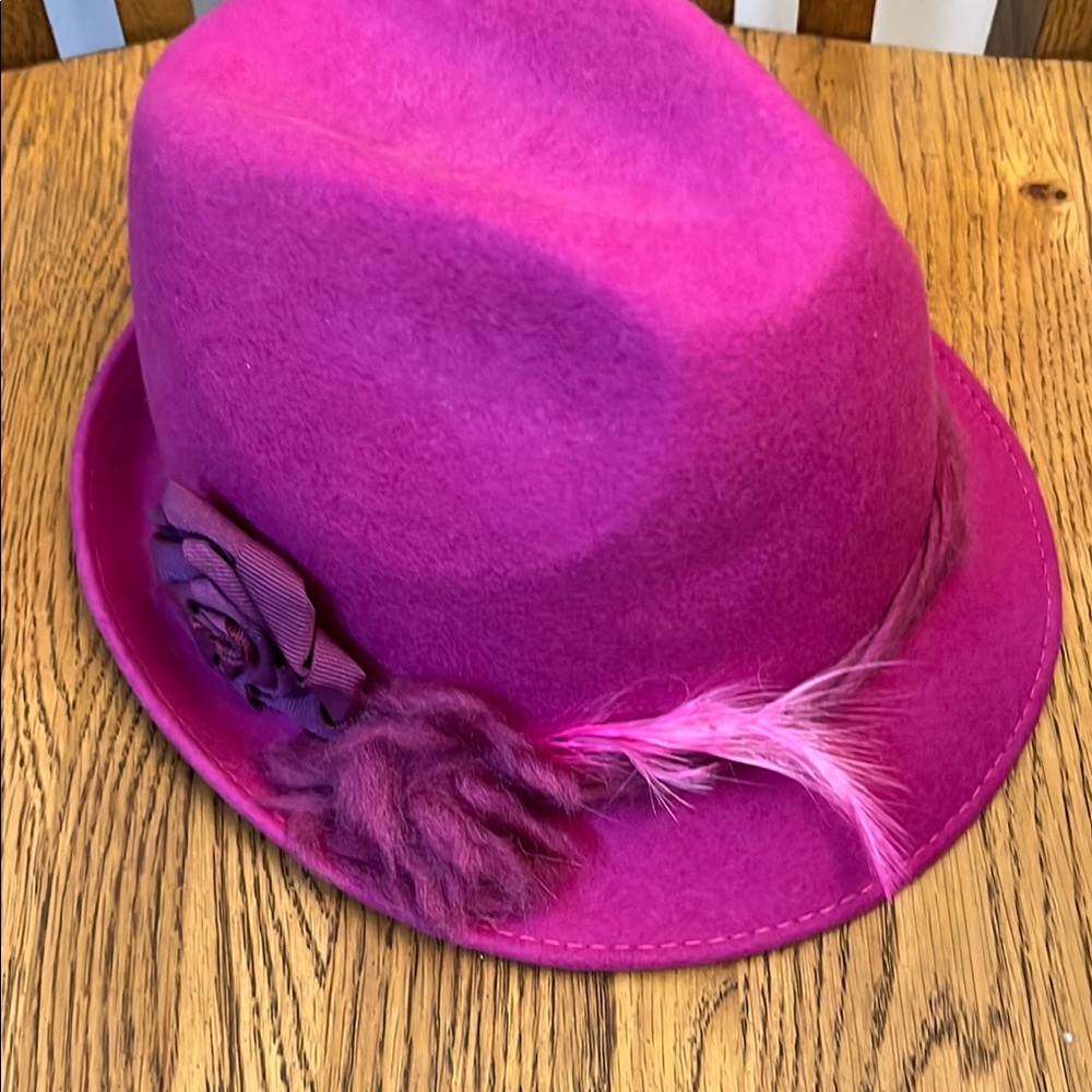 Pink Fedora Hat with Feather and Flower Accent